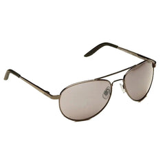 Sunglasses with a metallic frame are laid flat with lenses reflecting a light tint the arms are slightly curved and the design is sleek suggesting an accessory for outdoor use