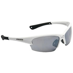 Sunglasses with a white frame and dark lenses rest on a flat surface showcasing their sporty design suitable for outdoor activities and sun protection.