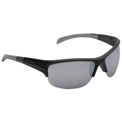 A pair of black sunglasses is displayed angled slightly to the right showing lens reflections and gray temple arms with a striped design near the hinges against a white background.