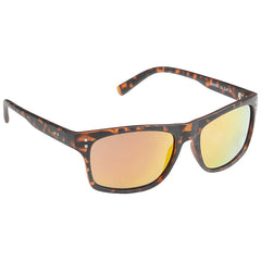 Sunglasses with a tortoiseshell frame and mirrored lenses reflect light while being positioned upright against a plain background suggesting use in sunny environments.