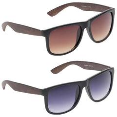 Two pairs of sunglasses are displayed side by side The top pair features a brown gradient lens while the bottom pair has a gray gradient lens Both have wooden-style arms
