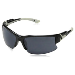 Black sports sunglasses with dark tinted lenses and white decorative accents rest on a reflective surface highlighting their design intended for outdoor activities and protection from sunlight.