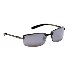 Sunglasses featuring a sleek metallic frame with dark tinted lenses rest sideways on a plain background showcasing their modern design and purpose for sun protection.