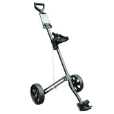 A golf push cart stands upright with a handle for guiding and two large wheels. It has a holder for the golf bag and a compartment for accessories.