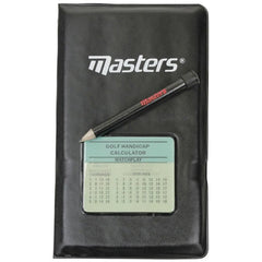 A black leather golf handicap calculator features a dated scoring sheet labeled with "GOLF HANDICAP CALCULATOR MATCHPLAY" and a black pencil resting on top with the logo "Masters" visible on both.