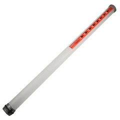 A long white fluorescent tube with gray ends lies flat featuring measurement markings from 0 to 20 in red on one side indicating its use in a measurement context.