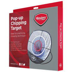 A pop-up chipping target is displayed showing scoring rings and a lightweight design for practicing golf chipping technique. It includes text highlighting features and suitability for indoor or outdoor use.