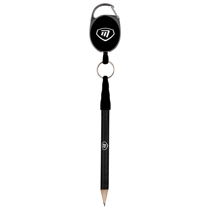 A retractable pen hangs from a black retractable reel featuring a logo while resting vertically against a light background showcasing its sleek design and functionality.