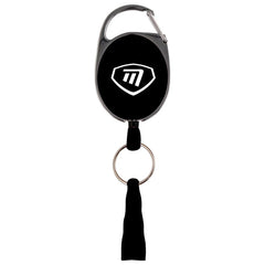 A retractable badge holder features a circular black case with a white logo attached to a keyring and strap that allows for easy access and attachment.