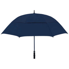 A navy blue umbrella with a curved canopy and a black handle stands upright against a plain background, designed to provide shelter from rain or sun.
