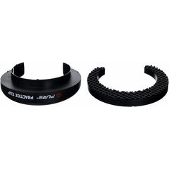 A black plastic lens hood and cap are displayed side by side with a matte finish and textured grip indicating their use for camera equipment in a photography context.