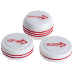 Three round white objects with red stripes are arranged closely together. Each has the text PUTT-IT-STRAIGHT and a red arrow pointing right. They are likely used for a putting practice game.