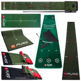 Various putting mats and accessories are displayed including aligning guides and practice tools designed for improving golf putting skills in a green indoor setting.
