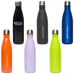 A collection of six insulated water bottles in various colors stands upright. Each bottle features a metallic screw-on lid and the logo ROCK RIVER prominently displayed.