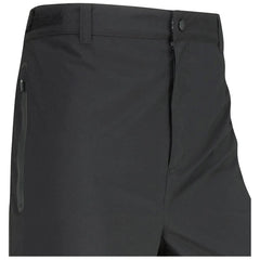 A pair of black shorts is displayed with a zipped pocket on the left side and a button closure at the top indicating a casual or outdoor style suitable for various activities.