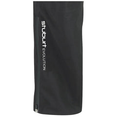 A black golf rain pant is displayed featuring a zippered pocket and the text "stuburt EVOLUTION" printed vertically in white on the side. The fabric appears smooth and functional for wet conditions.