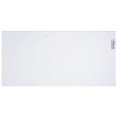 A rectangular white towel lies flat on a surface designed for drying or cleaning use with a small handle on one side for easy transport.