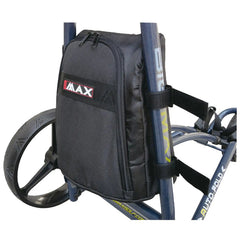 A black backpack is attached to a wheeled frame with adjustable straps and sits beside a large black wheel in a functional outdoor setting. The backpack appears organized for storage.