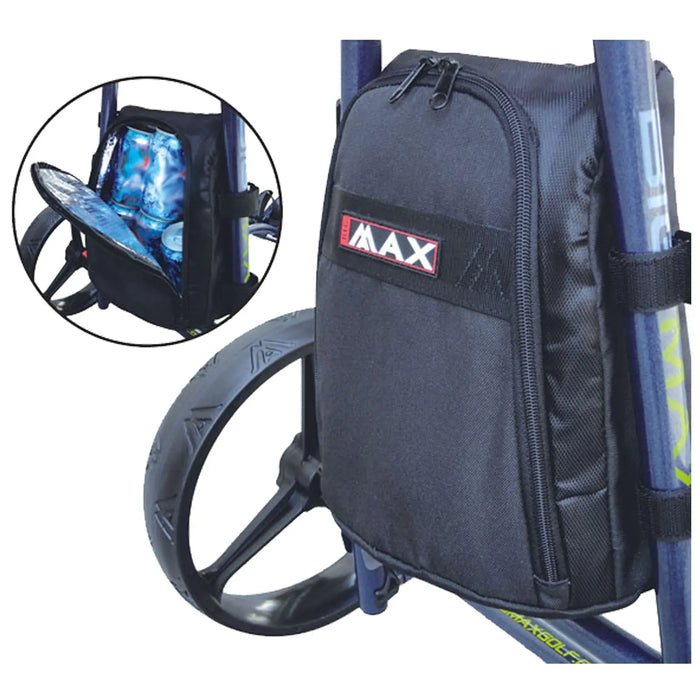 A black storage bag with a zipper is attached to a wheeled cart showcasing its purpose. The bag provides storage for items and is set against a neutral background. An inset image reveals the interior design with a vibrant, colorful lining.