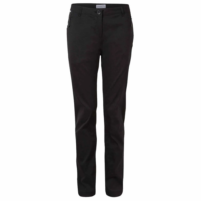 Black trousers are displayed vertically with a button at the waistband and two side pockets showcasing a sleek, fitted design on a plain white background.