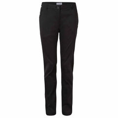 Black trousers are displayed vertically with a button at the waistband and two side pockets showcasing a sleek, fitted design on a plain white background.