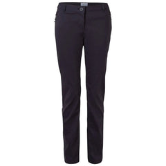 Black pants are displayed standing upright featuring a button closure and pockets showcasing a smooth fabric in a simple design suitable for casual or formal wear.