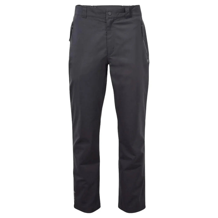 Black outdoor pants are displayed standing upright with a straight-cut design featuring pockets on both sides suitable for active use in various environments.