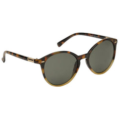 Sunglasses with a tortoiseshell frame and dark lenses are displayed at an angle showing their round shape and unique design suitable for stylish outdoor wear.