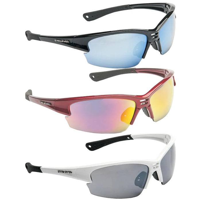 Sunglasses in three colors black red and white are displayed with blue mirrored red gradient and dark gray lenses showcasing sporty design with curved frames and rubber tips ideal for outdoor activities.