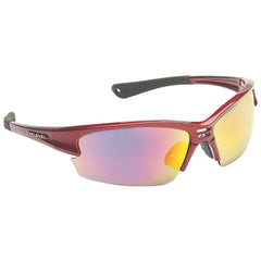 A pair of sporty sunglasses with a red frame and reflective lenses sits against a plain background showcasing sleek design and ergonomic features suitable for outdoor activities.
