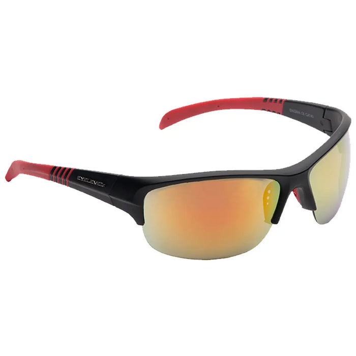 Sunglasses feature a black frame with red accents and reflective lenses. They are positioned at an angle, showcasing their sporty design against a plain white background.
