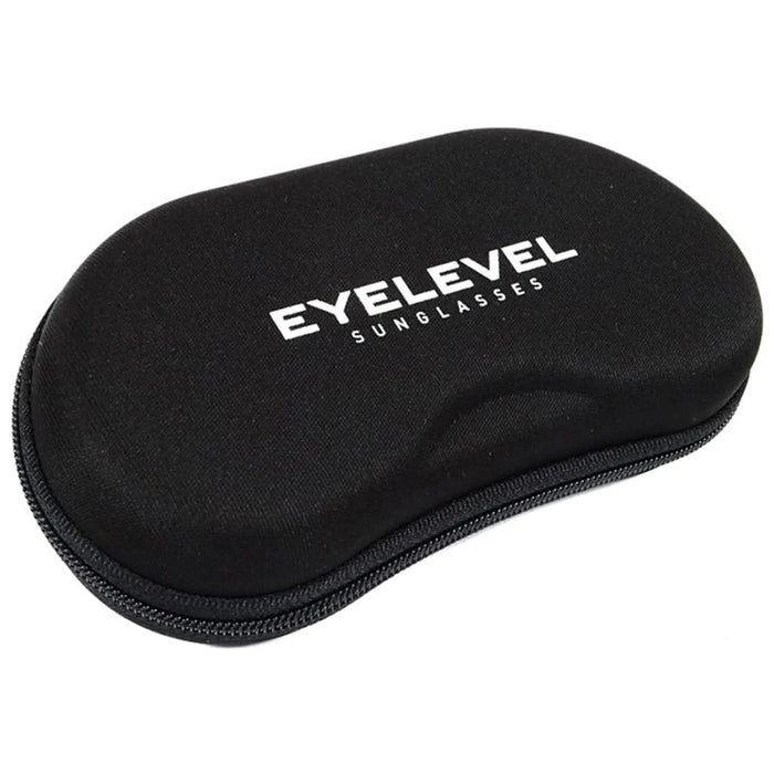 A black zippered case is resting on a flat surface containing sunglasses inside provides protection for the eyewear with the brand name Eyelevel displayed prominently on the top