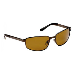 Sunglasses with brown tinted lenses rest on a white background highlighting their sleek design and metal frames suitable for outdoor use providing eye protection from sunlight.
