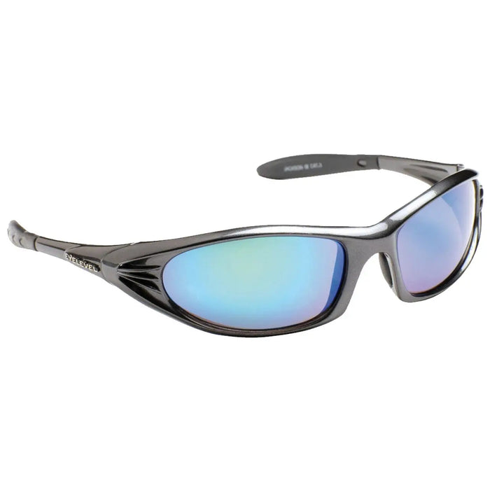 Sunglasses with a sleek black frame feature mirrored lenses displaying a blue-green gradient. They are positioned on a plain white background, emphasizing their design and reflective quality.