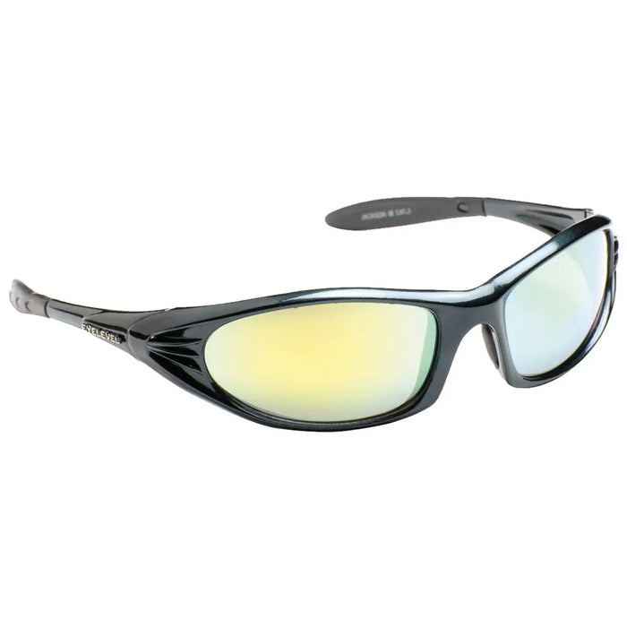 Sunglasses with a sleek black frame and reflective yellow-tinted lenses are positioned prominently against a white background showcasing their sporty design and protective features.