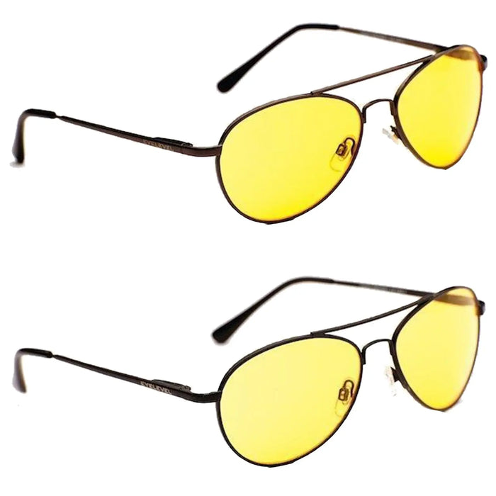 A pair of yellow-tinted sunglasses is displayed with one pair positioned above the other showcasing their oval lenses and black frames in a neutral background