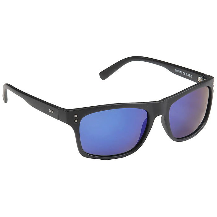 Sunglasses with a black frame and blue gradient lenses rest on a plain background showcasing their fashionable design and UV protection suitability for outdoor use.