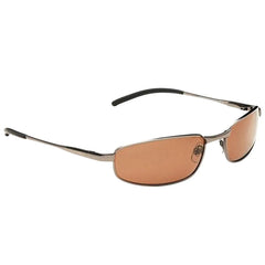 Sunglasses with rectangular brown lenses are positioned at an angle showcasing their sleek metallic frame and black temple tips against a plain white background.