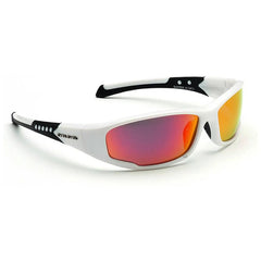 Sunglasses with a white frame and black accents rest on a white surface displaying reflective lenses that transition from orange to red suggesting a sleek sporty design suitable for outdoor activities