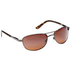Sunglasses are displayed with a metal frame and gradient brown lenses resting on a white background showcasing their sleek design and functionality for eye protection in sunny environments
