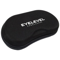 A black hard-shell sunglasses case with a zipper features a smooth surface and the brand name EYLEVEL printed in white on the top, designed to protect sunglasses.