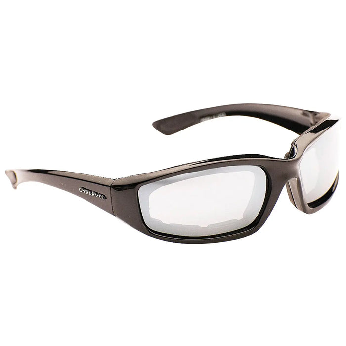 Black sports sunglasses are displayed with a slightly angled view highlighting the glossy frame and clear lenses creating a sleek, modern appearance suitable for outdoor activities.