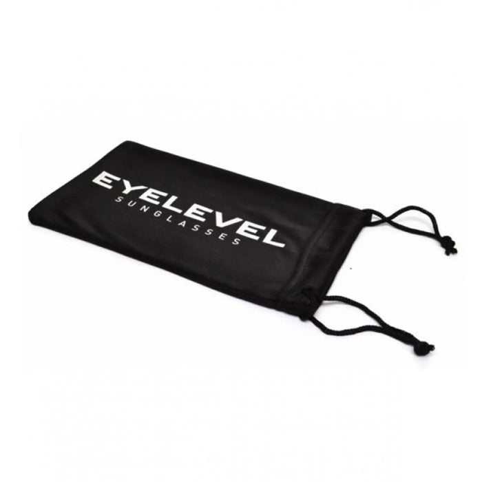 A black cloth pouch labeled EYELEVEL SUNGLASSES holds sunglasses securely while resting on a flat surface with drawstrings on either end for closure and transport.