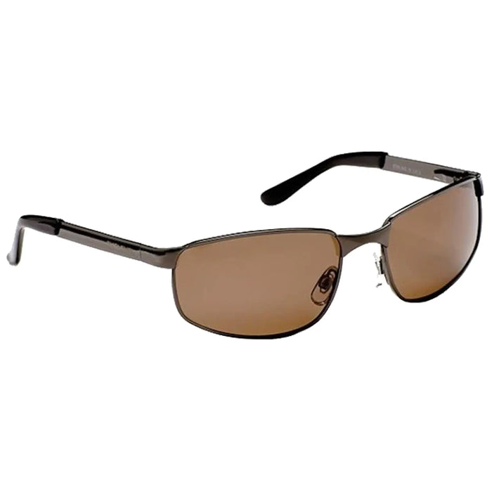 Stylish sunglasses feature a sleek design with brown tinted lenses and thin black frames resting against a neutral background, suitable for protecting eyes from sunlight.