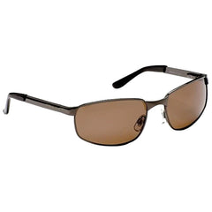 Stylish sunglasses feature a sleek design with brown tinted lenses and thin black frames resting against a neutral background, suitable for protecting eyes from sunlight.