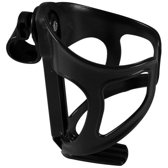 A black water bottle cage is positioned upright showcasing its structural design with curves and openings for securing a bottle during cycling or outdoor activities