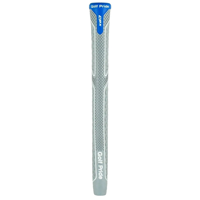 A gray golf grip with textured patterns is standing upright showcasing its smooth surface and brand name Golf Pride prominently displayed near the bottom on a neutral background.