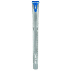 A gray golf grip with textured patterns is standing upright showcasing its smooth surface and brand name Golf Pride prominently displayed near the bottom on a neutral background.