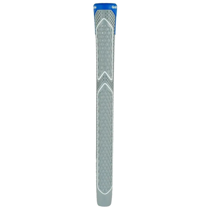 A golf grip is displayed vertically with a textured gray surface and blue top section showing the brand name Golf Pride the grip appears to be designed for improved handling on a golf club.