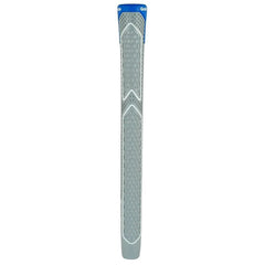 A golf grip is displayed vertically with a textured gray surface and blue top section showing the brand name Golf Pride the grip appears to be designed for improved handling on a golf club.